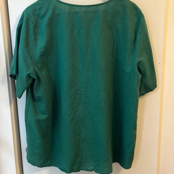 LINEN COTTON BLEND GREEN ASYMMETRICAL BUTTON SHORT SLEEVE BLOUSE XL - Picture 5 of 6